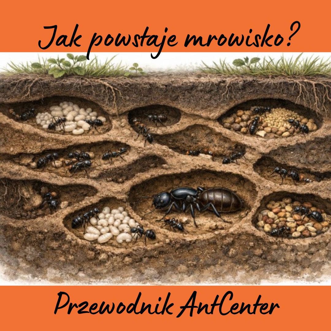 Schemat pokazujący jak powstaje mrowisko – królowa, komory lęgowe i korytarze
